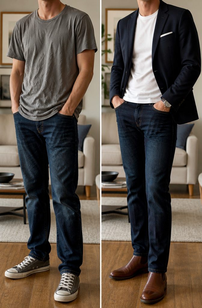 Smart Casual Dress Code: 9 Pieces That Work Every Time 6 A pair of dark-wash jeans on a plain background.