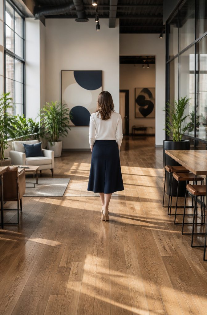 Smart Casual Dress Code: 9 Pieces That Work Every Time 7 A midi skirt styled with a fitted top on a mannequin.