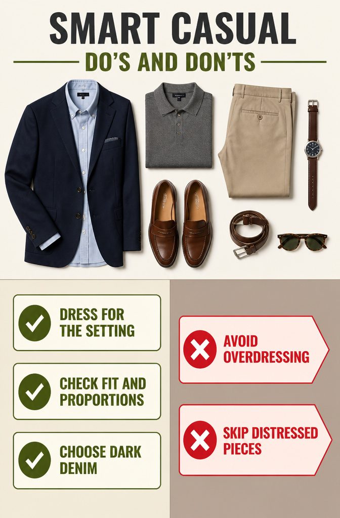Smart Casual Dress Code: 9 Pieces That Work Every Time 11 An informational graphic outlining smart casual do's and don'ts.