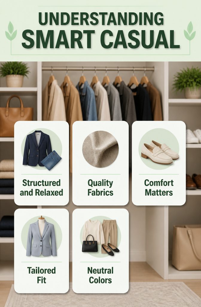 Smart Casual Dress Code: 9 Pieces That Work Every Time 1 An informational graphic explaining smart casual fashion principles.