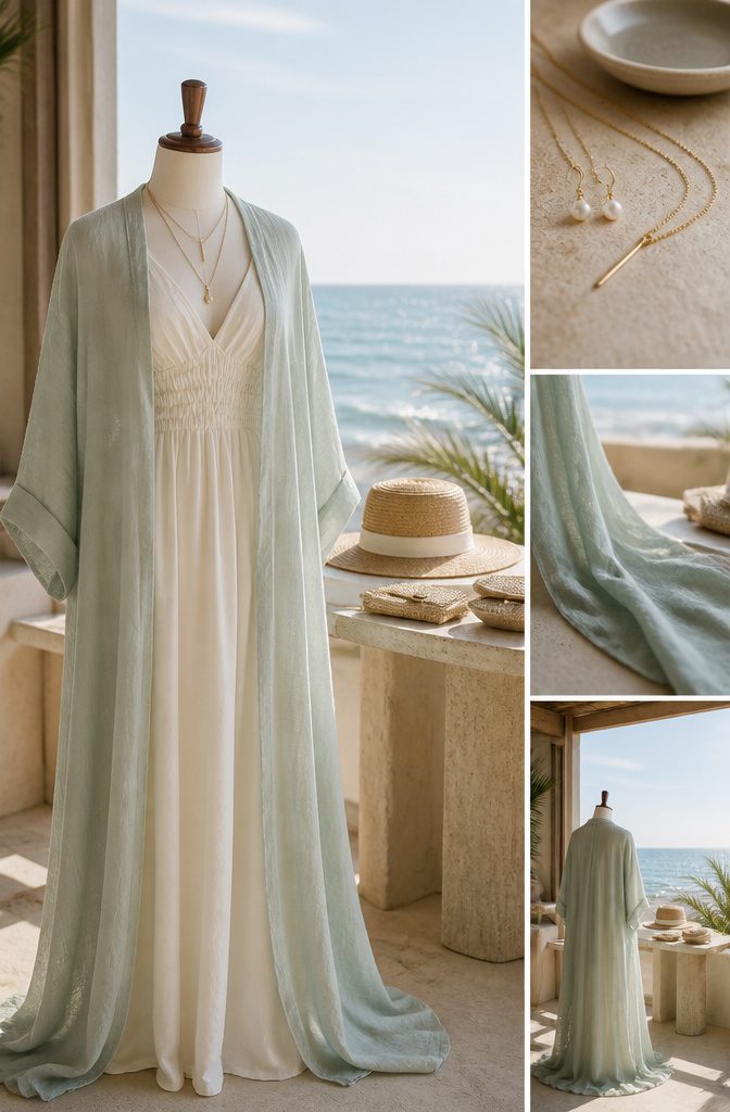 5 Dress Styles for a Wedding on the Beach That Work 5 A lightweight wrap draped over a dress for a beach wedding.