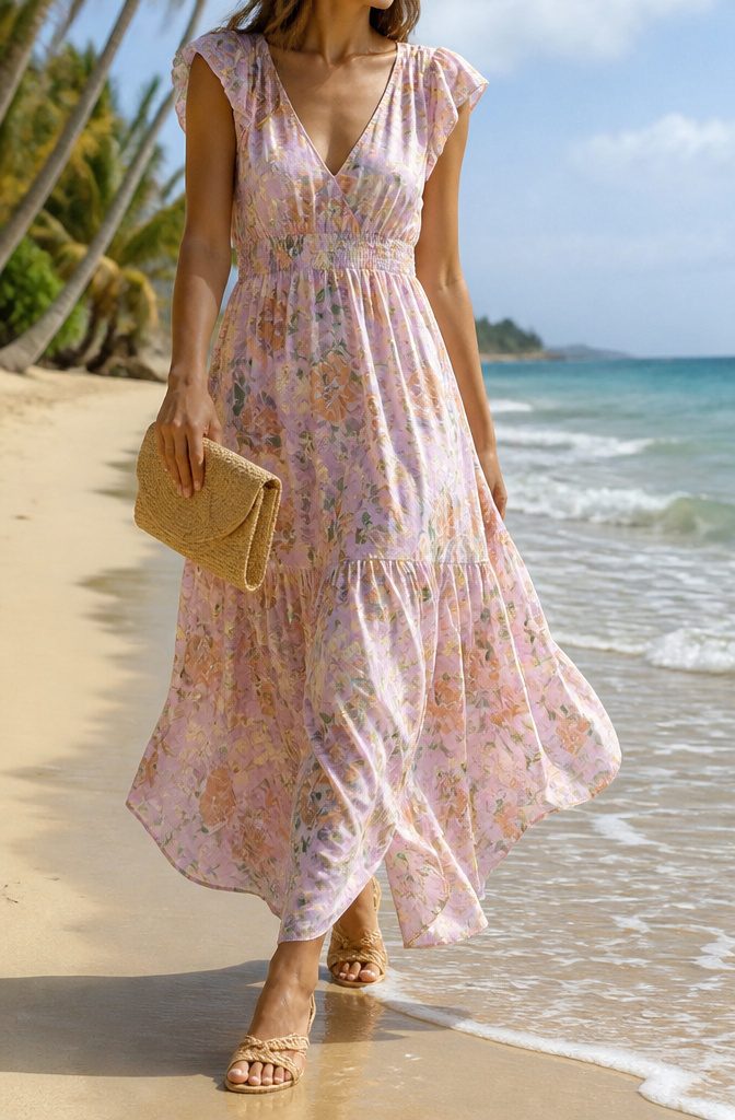 5 Dress Styles for a Wedding on the Beach That Work 1 A model wearing a floral sundress suitable for a beach wedding.