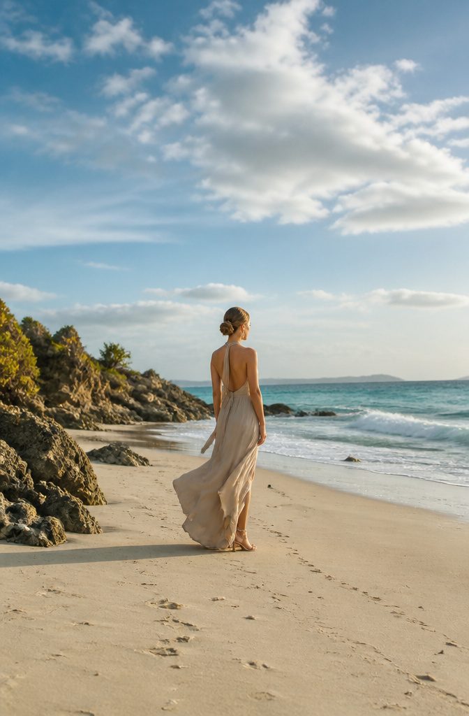 5 Dress Styles for a Wedding on the Beach That Work 2 A model in a floor-length chiffon gown at a beach wedding.