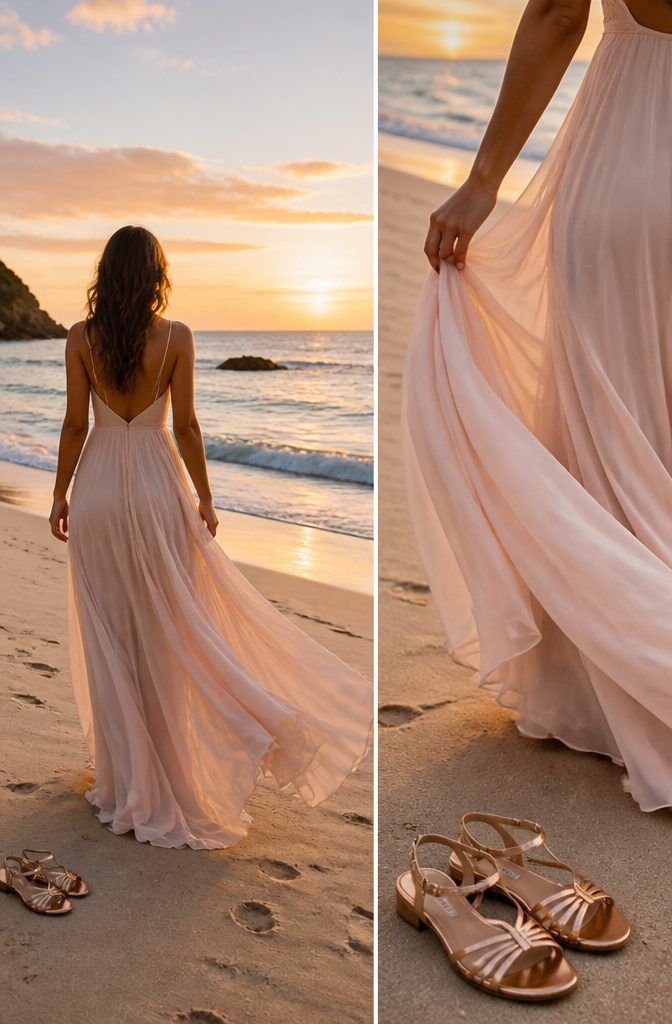 5 Dress Styles for a Wedding on the Beach That Work 9 A model wearing an A-line dress suitable for a beach wedding.