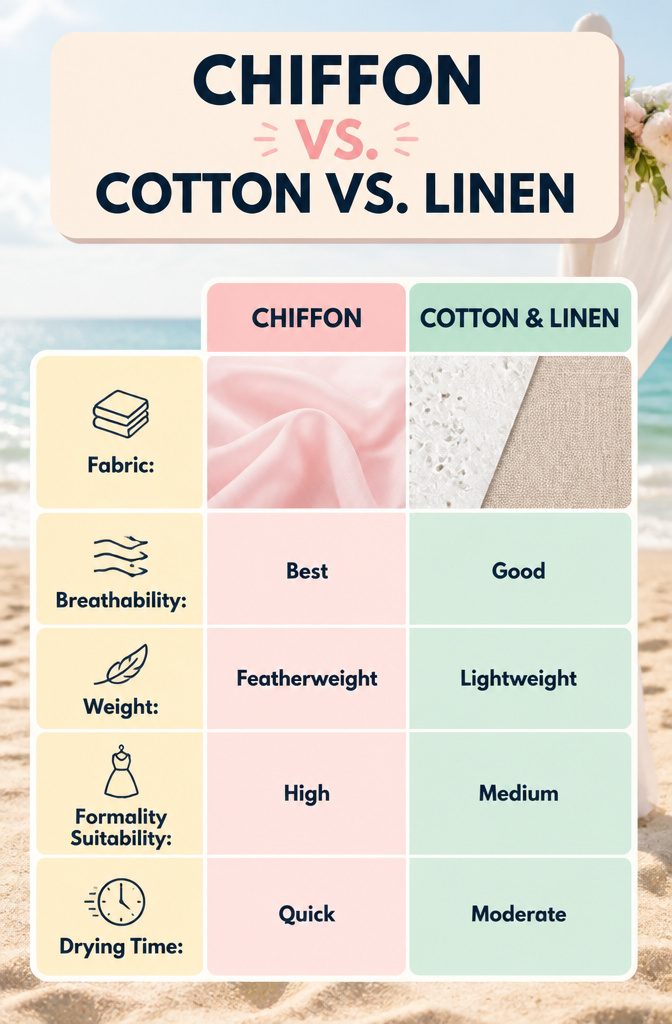 5 Dress Styles for a Wedding on the Beach That Work 7 Fabrics including chiffon, cotton, and linen suitable for beach weddings.