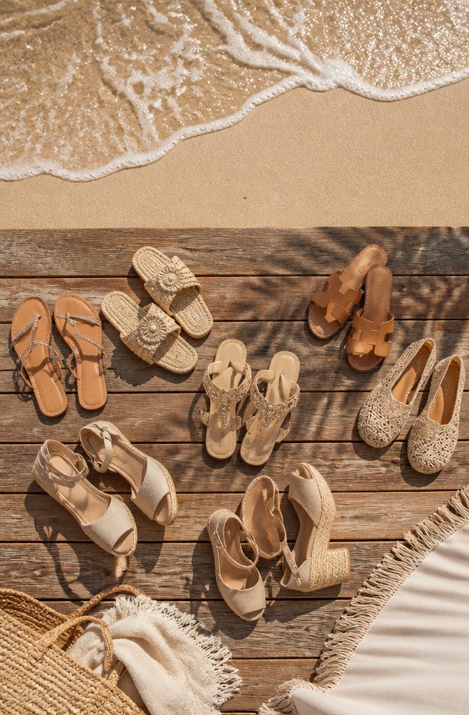 5 Dress Styles for a Wedding on the Beach That Work 4 Various footwear options including flat sandals and wedges for the beach.