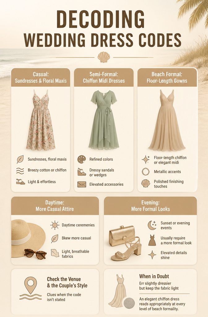 5 Dress Styles for a Wedding on the Beach That Work 6 An information graphic detailing wedding dress codes for beach events.