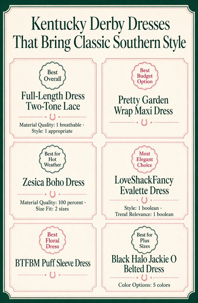 Comparison infographic listing eight Kentucky Derby dresses in three groups
