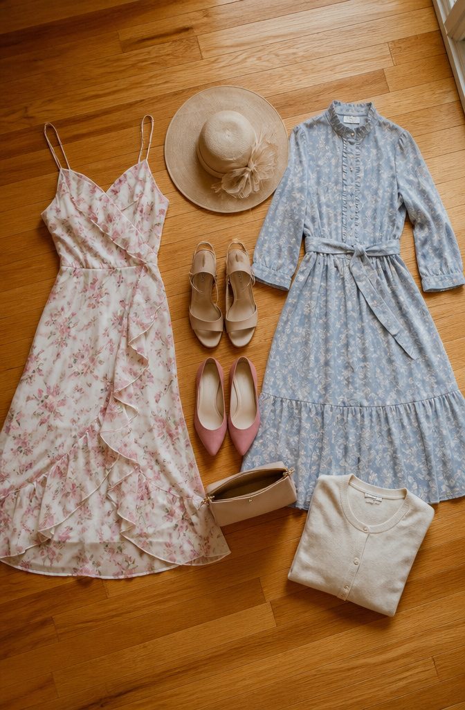 A bright floral dress laid out on a bedroom floor beside accessories