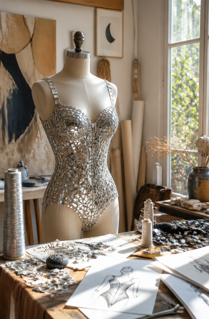 Mirror Dress Styles with Sheesha and Sequin Details 10 Handmade sequin and mirror bodysuit displayed in an artist's studio.