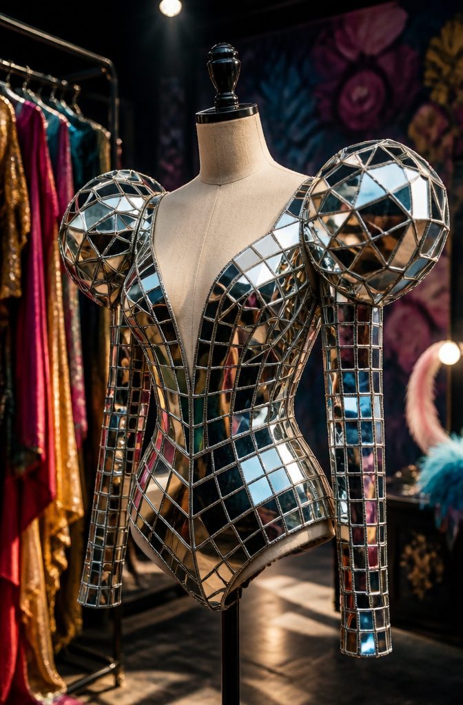 Mirror Dress Styles with Sheesha and Sequin Details 14 Puff shoulder bodysuit with dense mirror work for a dramatic effect.