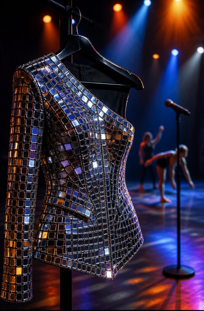 Mirror Dress Styles with Sheesha and Sequin Details 5 One-shoulder mirror jacket worn by a dancer, catching light.