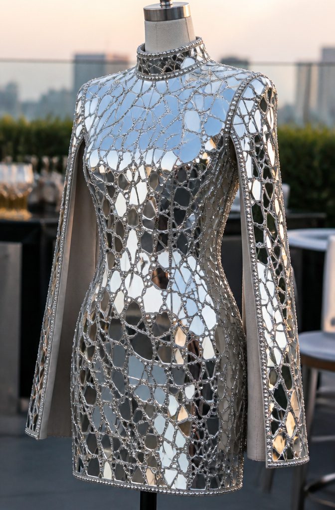 Mirror Dress Styles with Sheesha and Sequin Details 12 Short mirrored dress with high collar and slit sleeves.