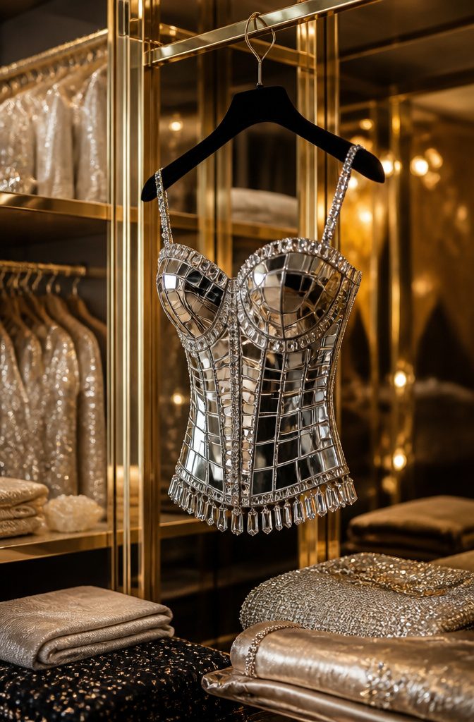 Mirror Dress Styles with Sheesha and Sequin Details 17 Silver mirror crystal corset bustier hanging in a fashion showroom.