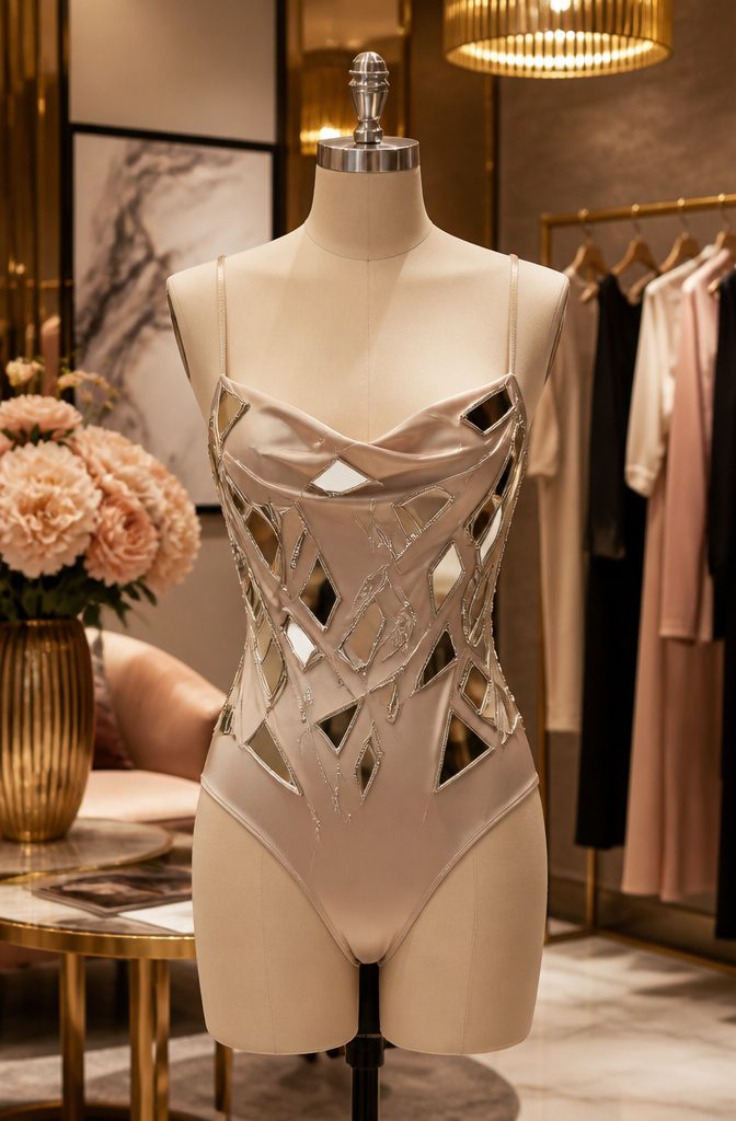 Mirror Dress Styles with Sheesha and Sequin Details 13 Sleeveless spaghetti strap mirror bodysuit robe displayed on a model.