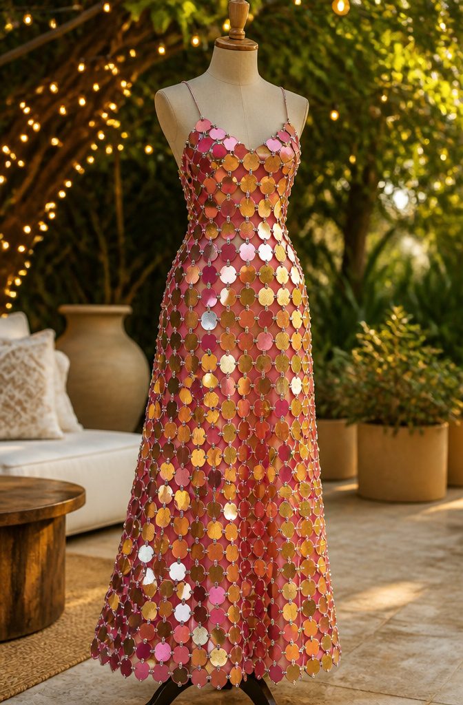 Mirror Dress Styles with Sheesha and Sequin Details 3 Strappy maxi dress with mirrored circles in vibrant colors.