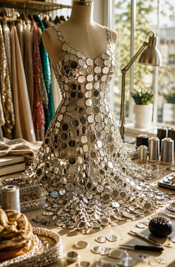 Mirror Dress Styles with Sheesha and Sequin Details 1 Dress made of lightweight acrylic mirrors arranged on a fabric backdrop.