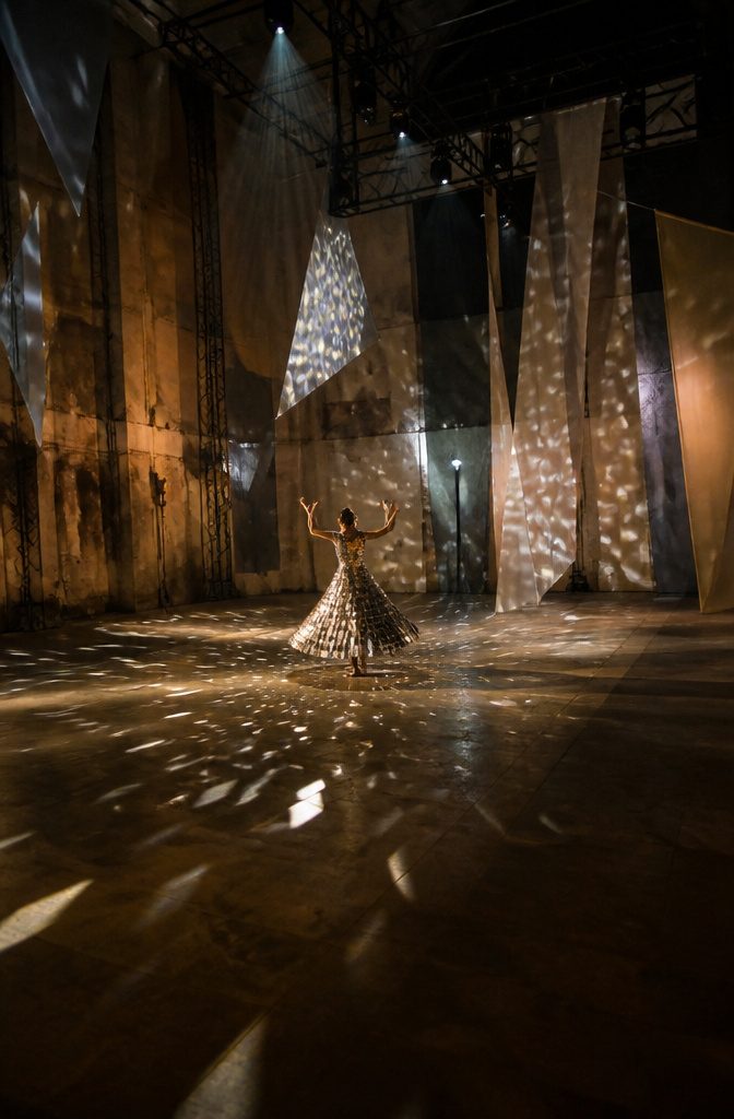 Mirror Dress Styles with Sheesha and Sequin Details 18 Dancer in a mirror dress illuminated by performance lighting.