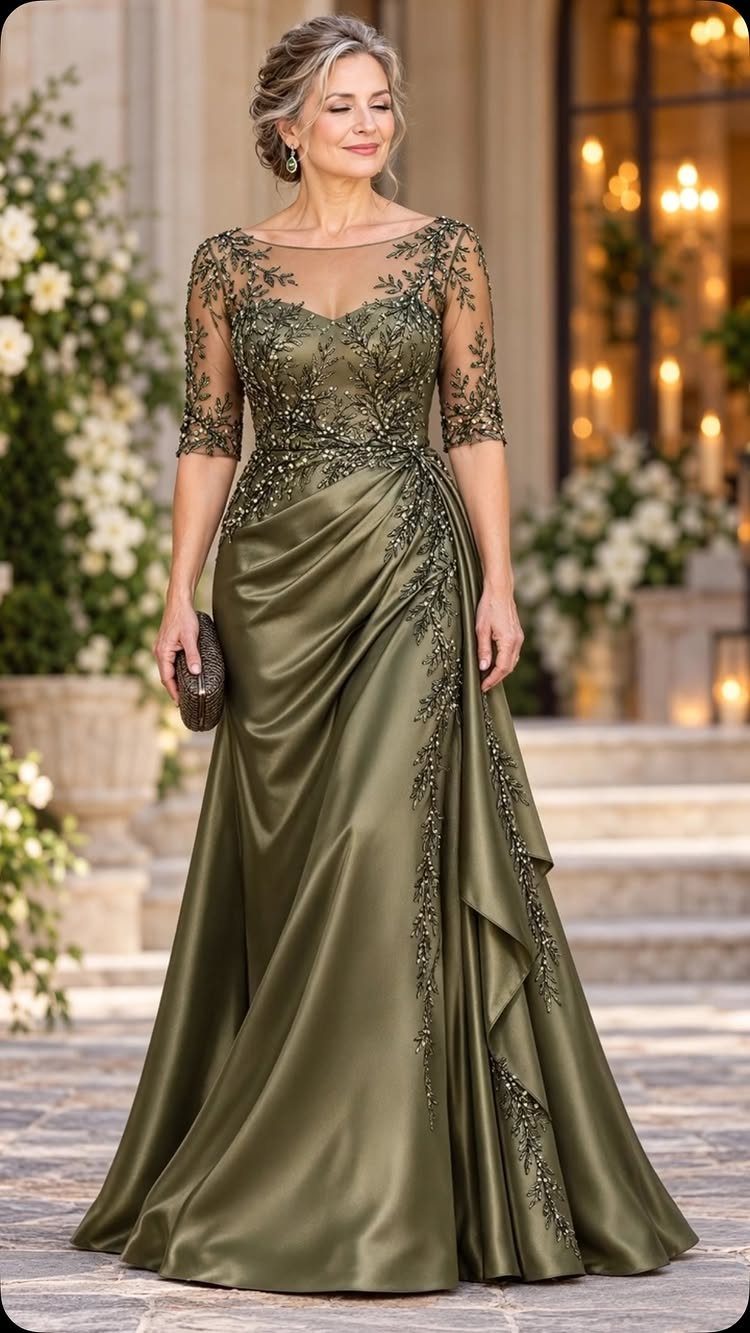 Older woman wearing an olive green satin gown with elbow-length lace sleeves.