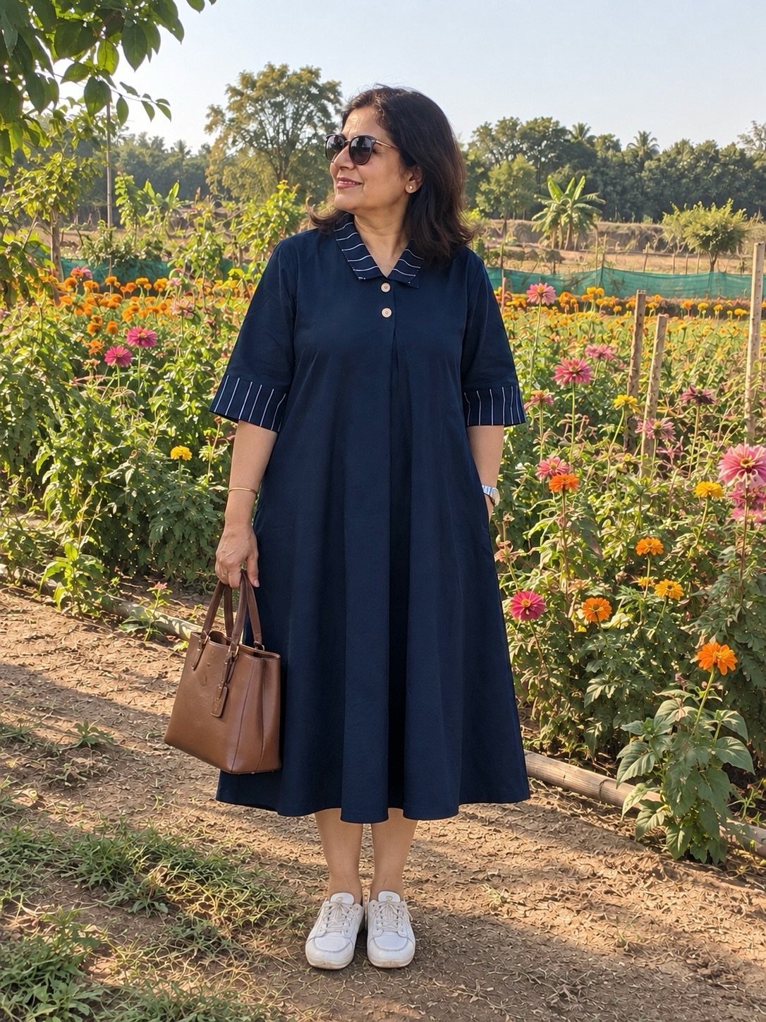 Woman in a navy blue A-line midi dress standing in a flower garden.