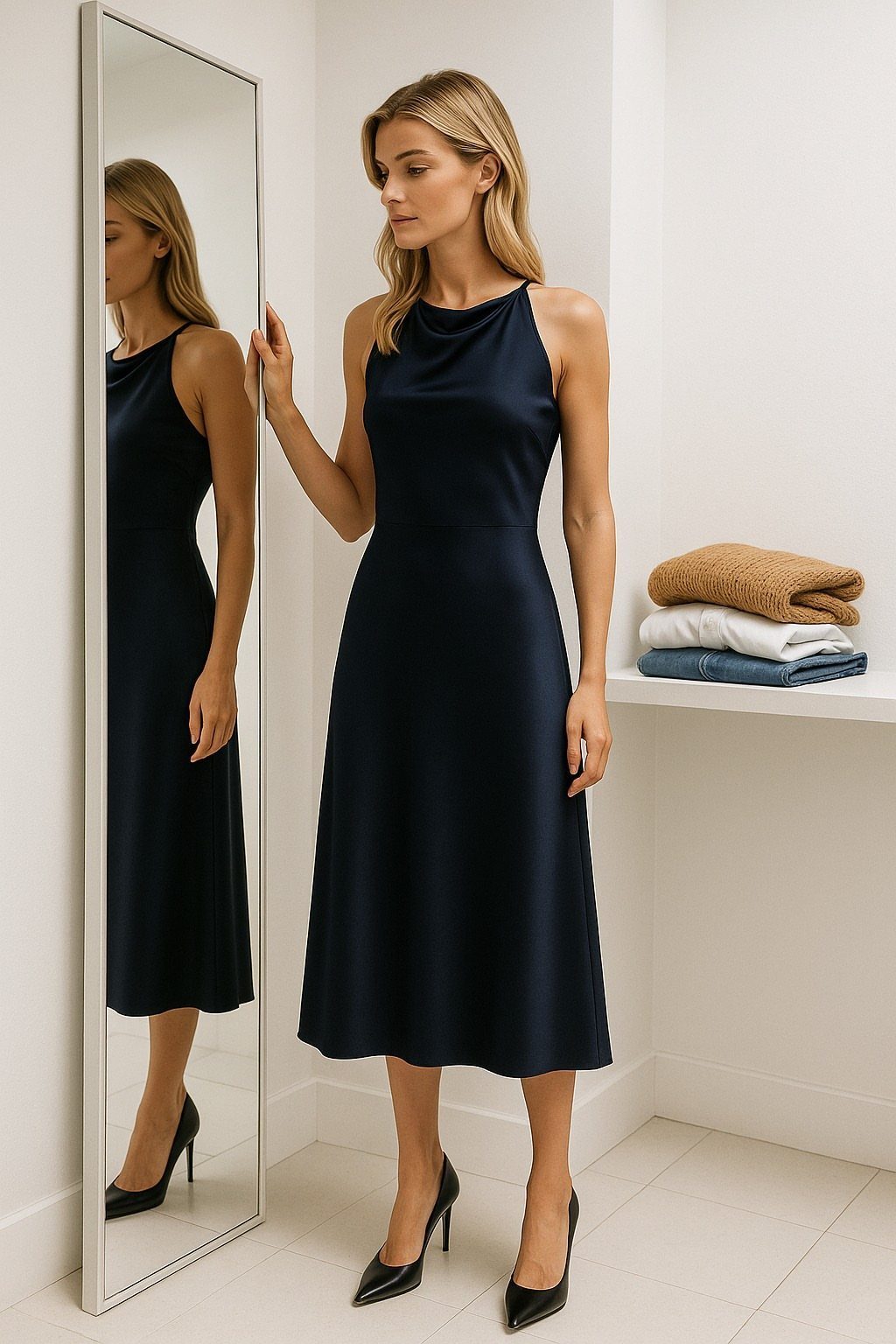 Woman in a navy blue sleeveless midi dress and black high heels by a mirror.
