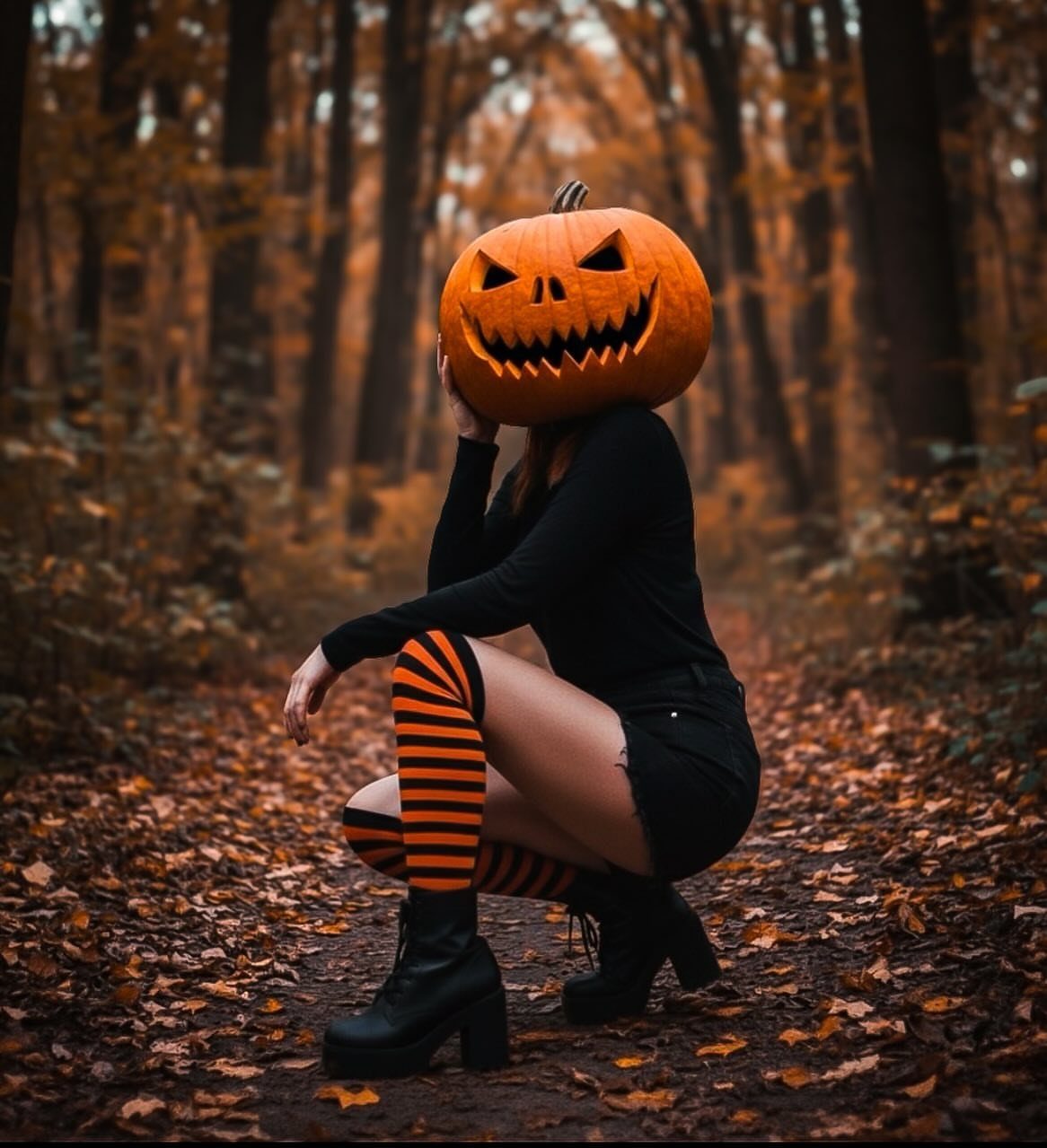 Person wearing a large carved pumpkin head and striped stockings in autumn woods.