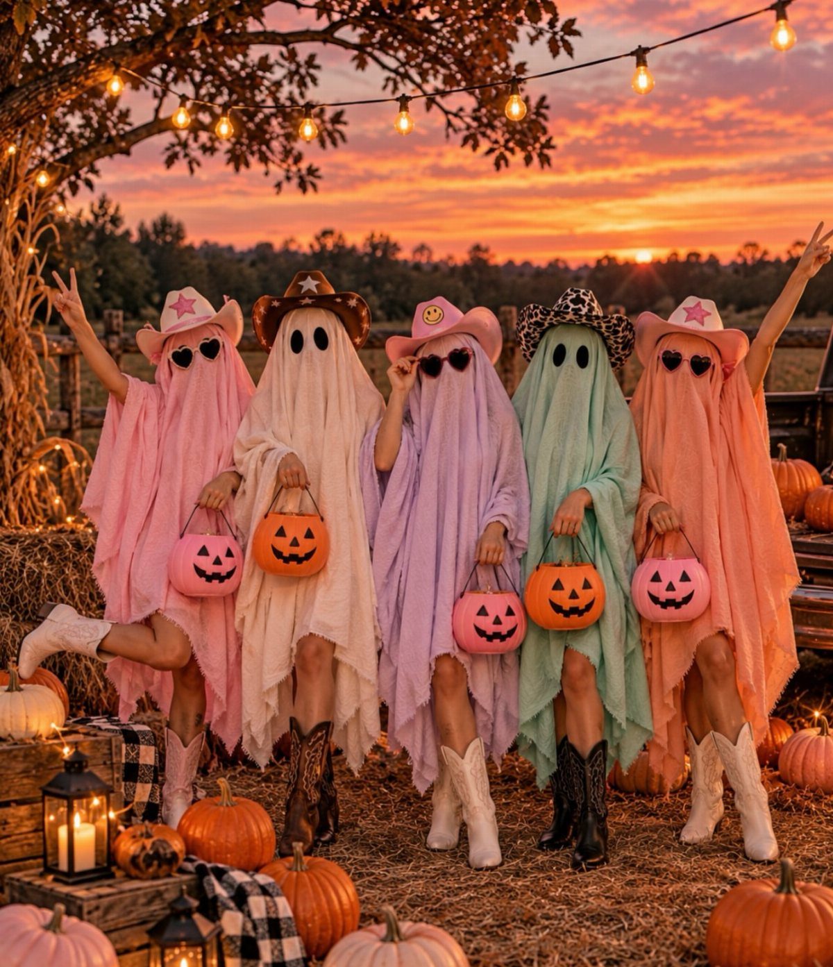 Five people in colorful ghost sheet costumes wearing cowboy hats and holding pumpkin buckets.