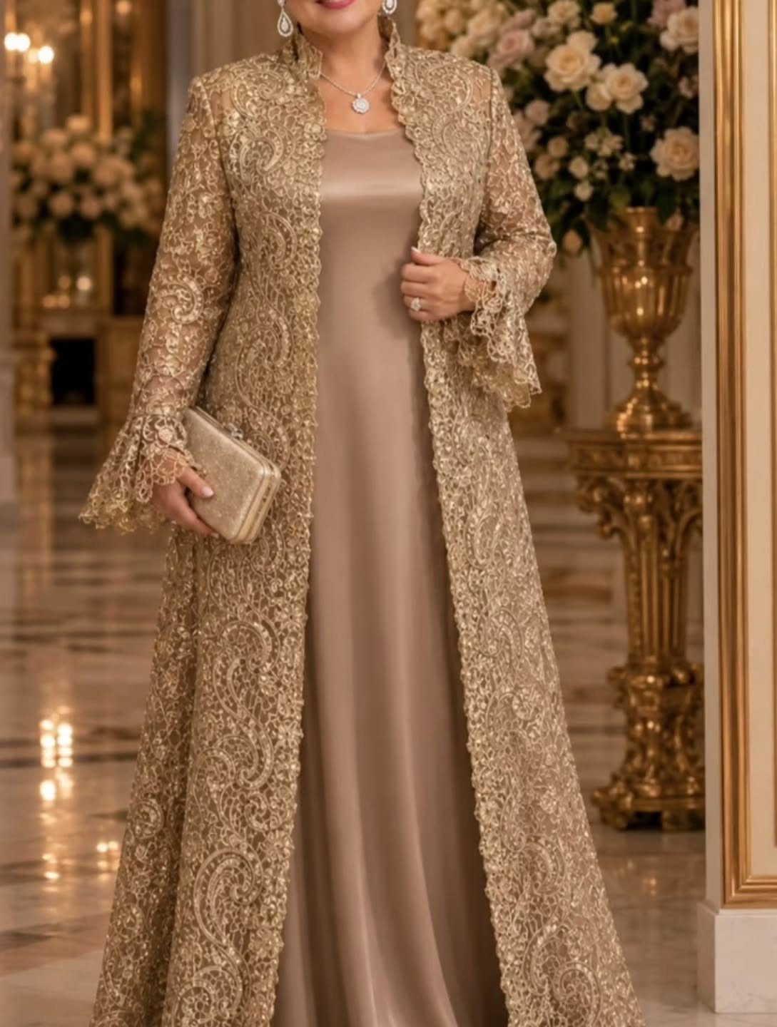 Elegant Dresses for Wedding Guests Over 50 (8 Refined Styles) 2 Woman in a champagne satin maxi dress with a gold lace long overlay.