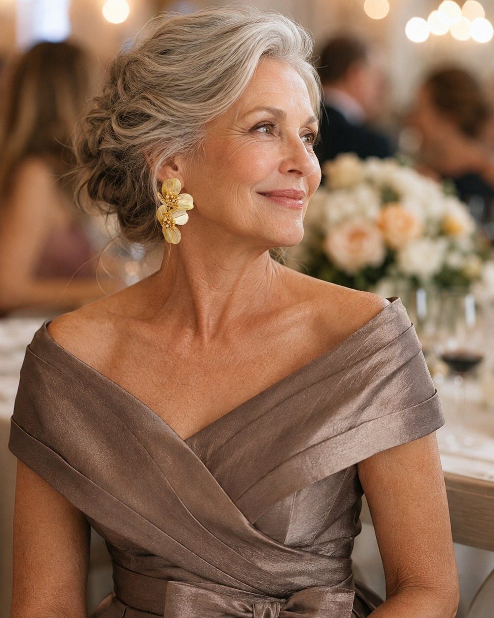 Elegant Dresses for Wedding Guests Over 50 (8 Refined Styles) 5 Mature woman with silver hair wearing an elegant taupe off-the-shoulder wedding guest dress.