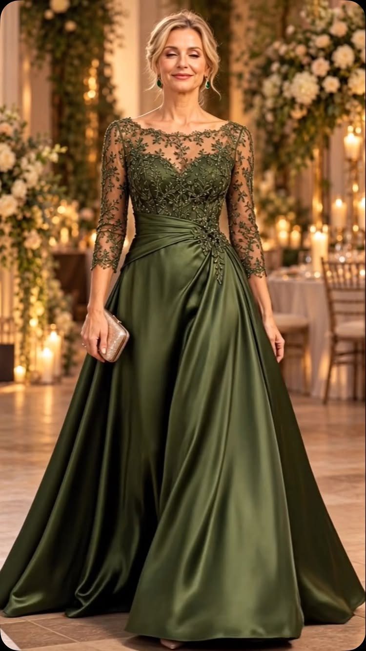 Woman in a dark green satin maxi dress with lace bodice at a wedding.
