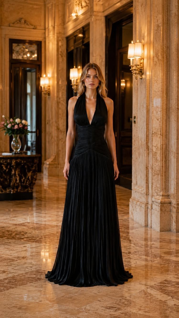 Woman in a black elegant maxi dress standing in a luxury marble hallway