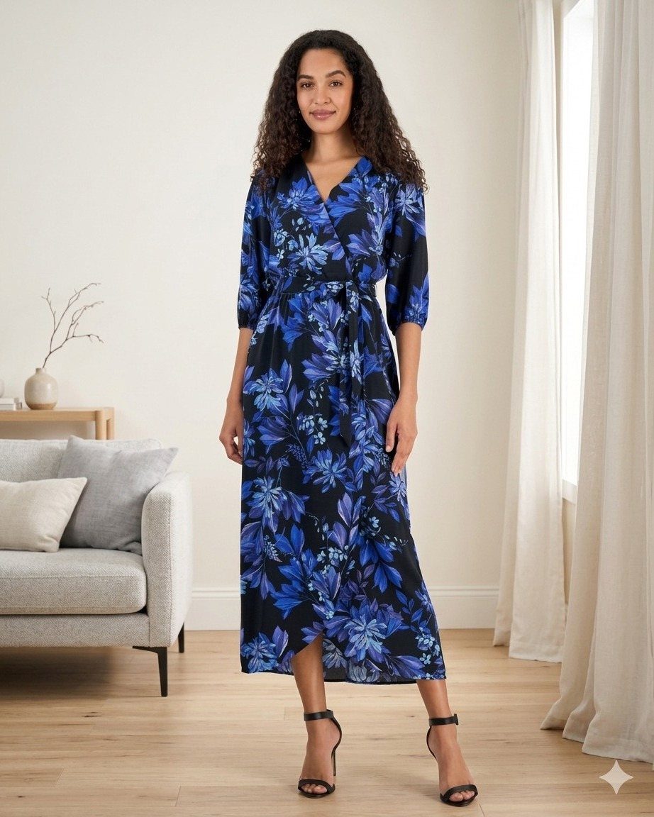 Woman wearing a blue floral wrap maxi dress and black strappy high heels.
