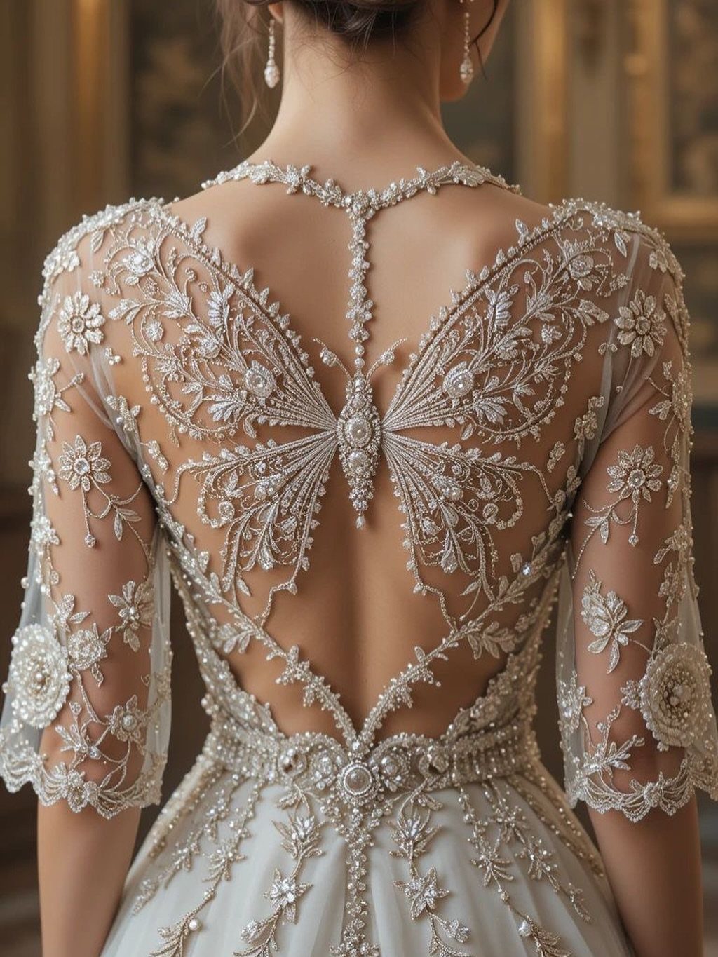 White lace gown with intricate butterfly beading on the sheer back and sleeves.