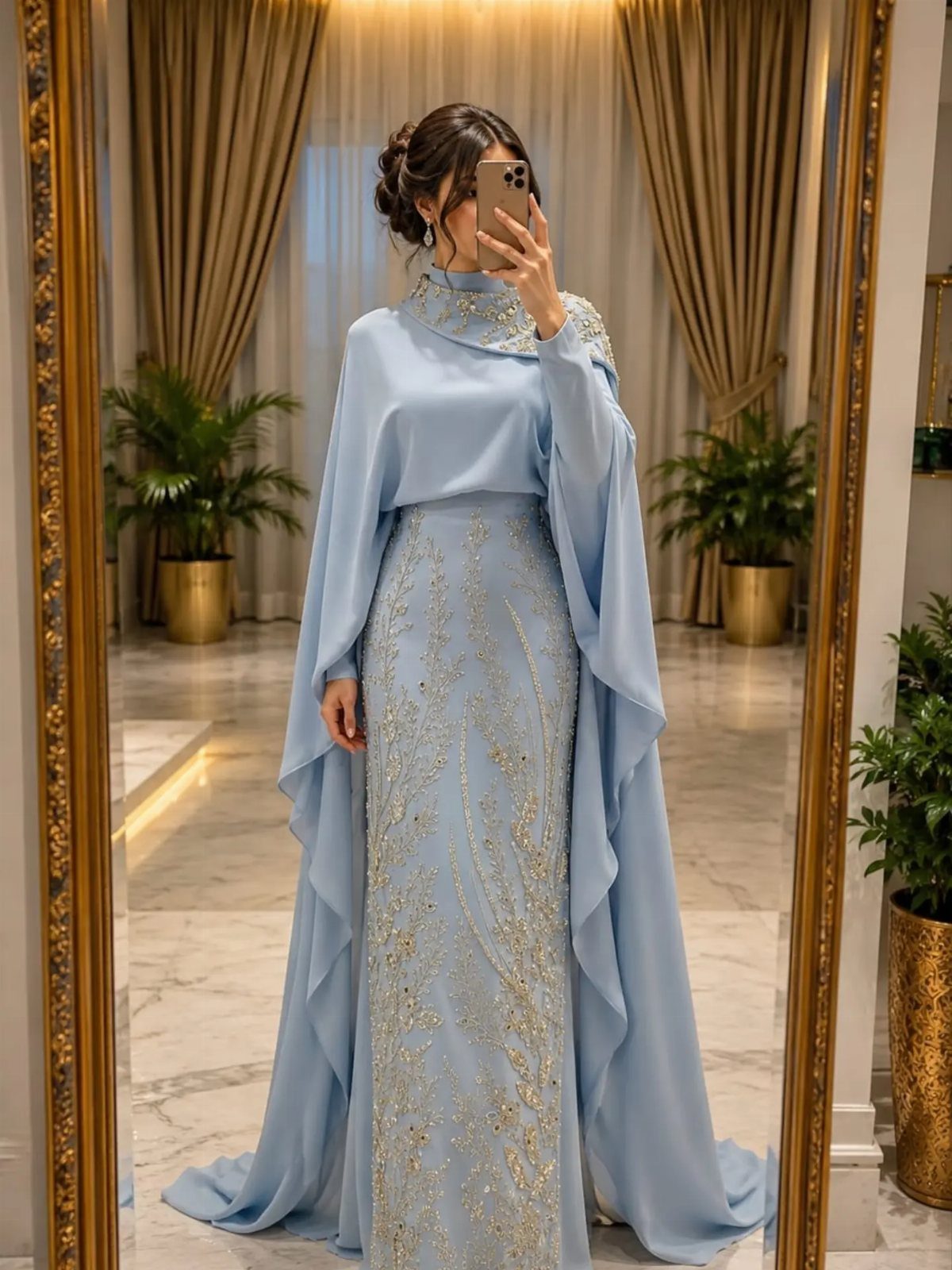 Woman wearing a light blue evening gown with vertical silver beaded details and cape sleeves.