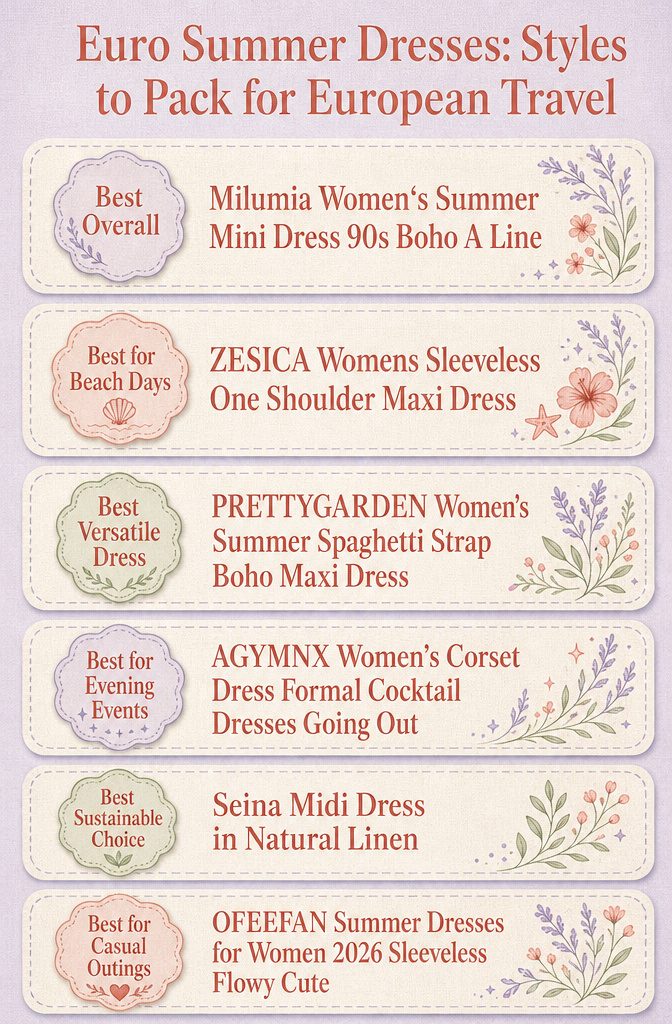 Infographic comparing different Euro summer dress styles with titles and features