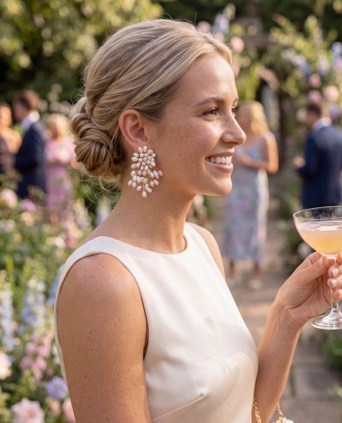 Woman in white dress with pearl earrings holding champagne in a garden.