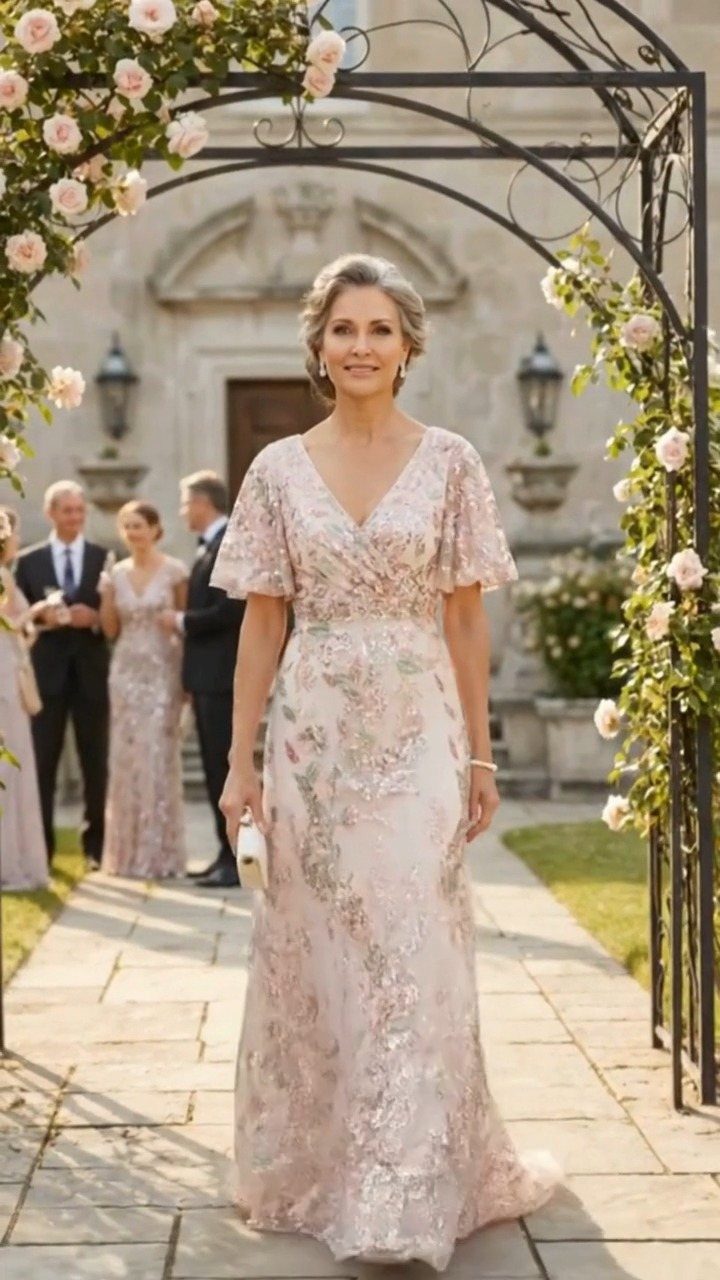 Woman in a pastel pink floral maxi dress standing under a rose-covered archway.