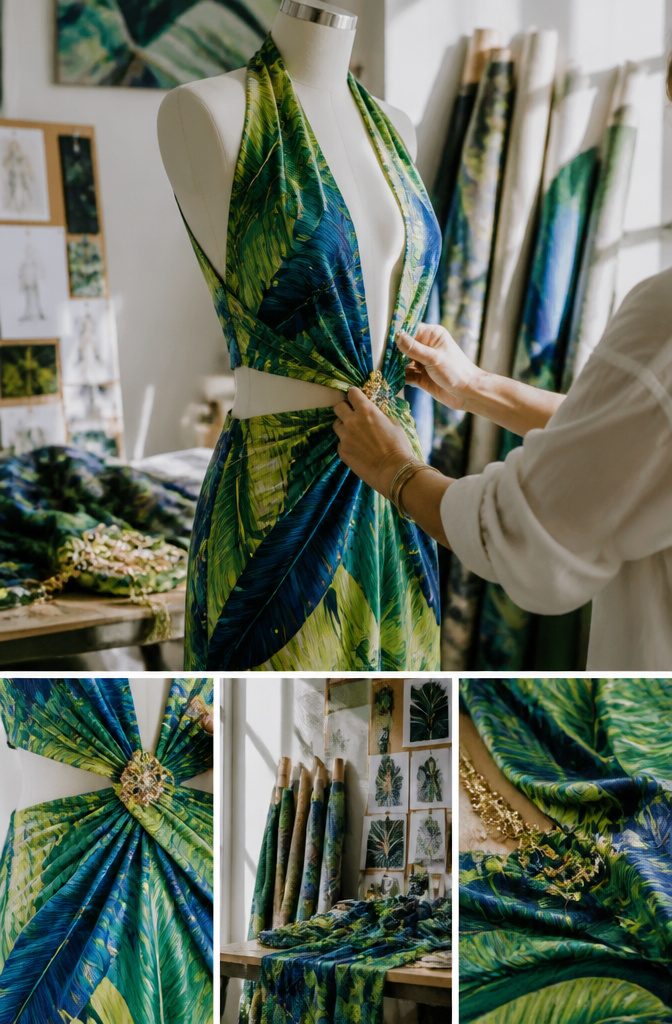 Jennifer Lopez wearing Versace jungle-print clothing in different settings.