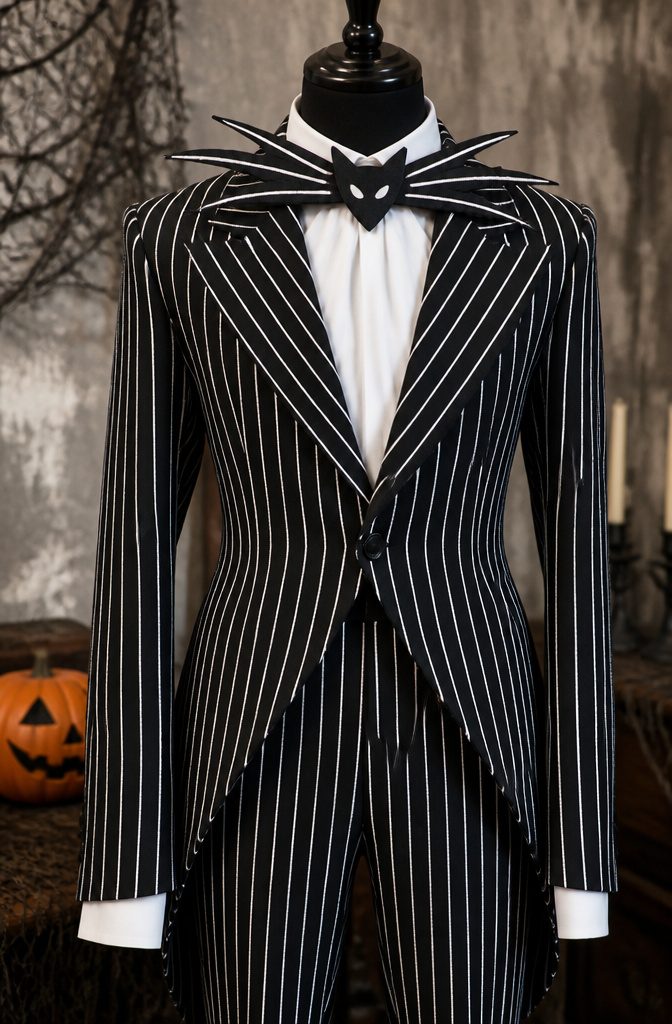 A classic Jack Skellington costume with a pinstripe suit and bat bowtie.