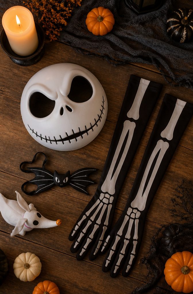 Jack Skellington accessories including a mask, gloves, and a bat bow tie.