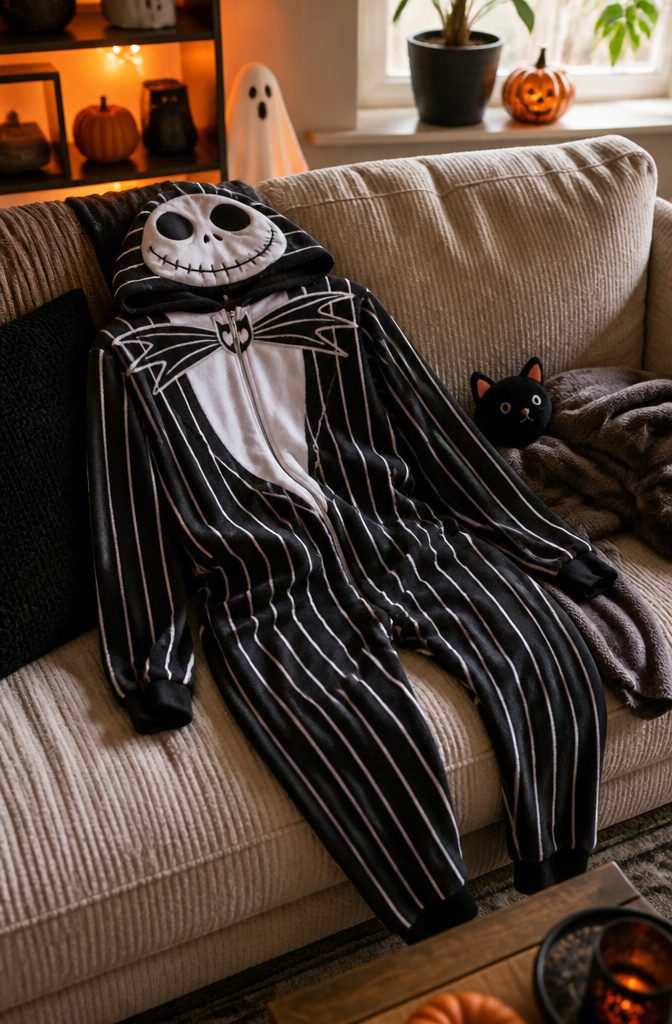 A Jack Skellington onesie costume draped on a couch.