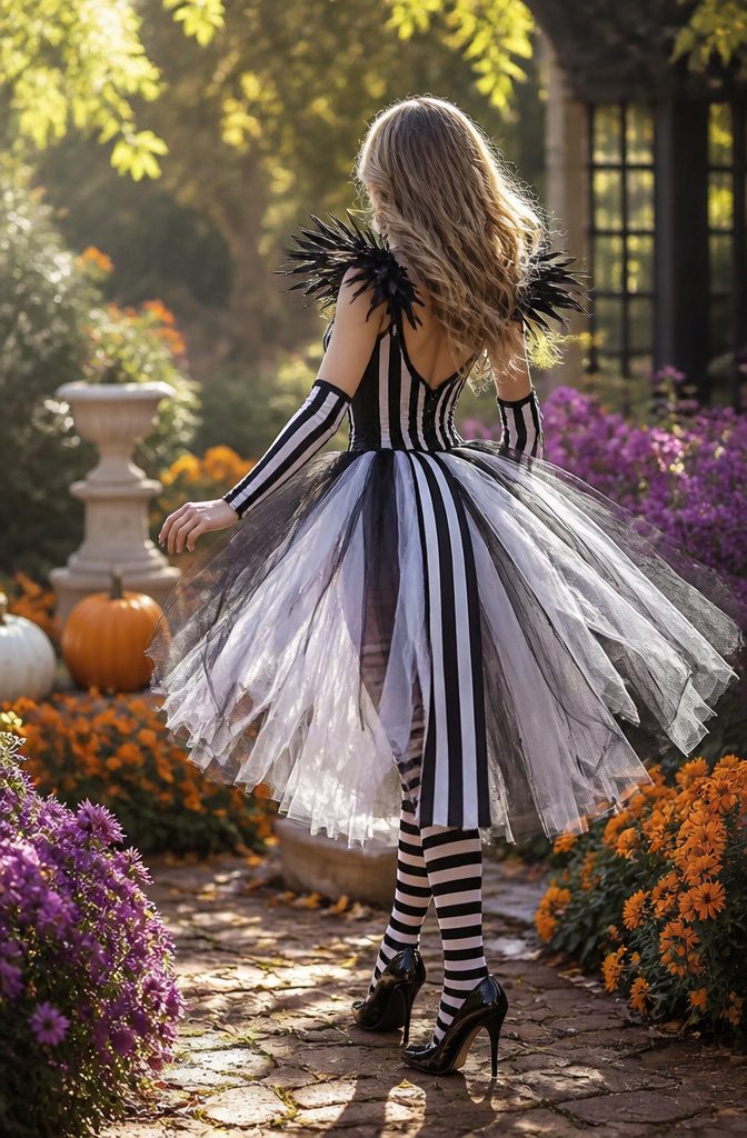 A model twirling in a Jack Skellington Tutu Costume in a garden.