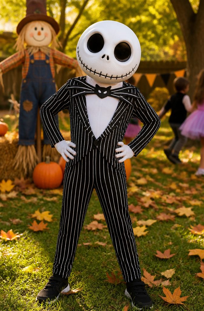A children's Jack Skellington costume displayed on a hanger.