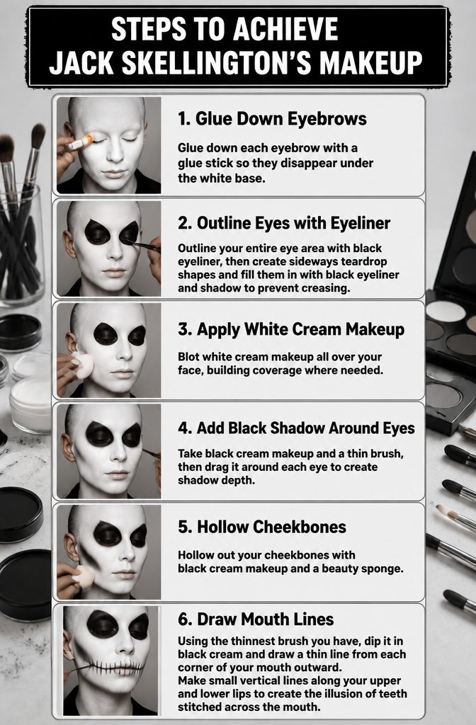 Step-by-step makeup tips for creating Jack Skellington's look.
