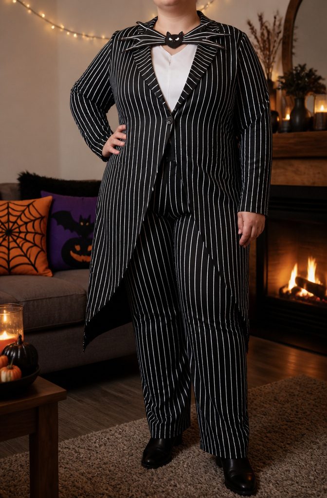 A model wearing a Plus Size Jack Skellington Costume in a cozy living room.