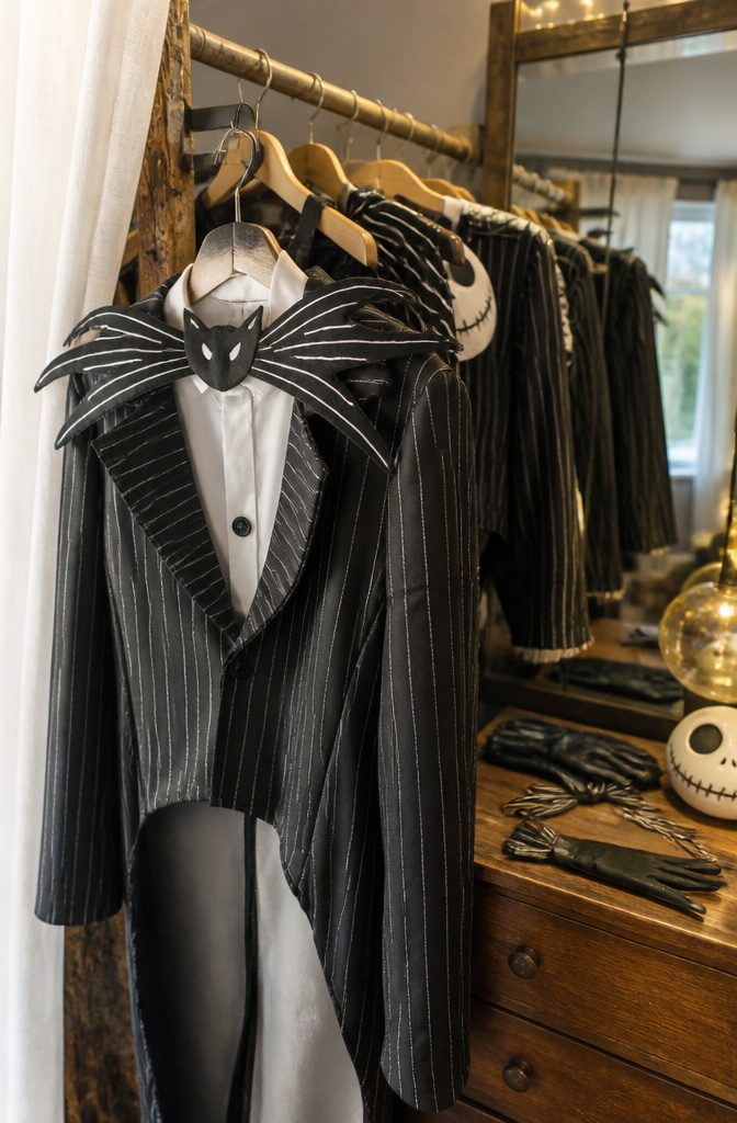 Close-up of deluxe Jack Skellington costumes hanging in a boutique.