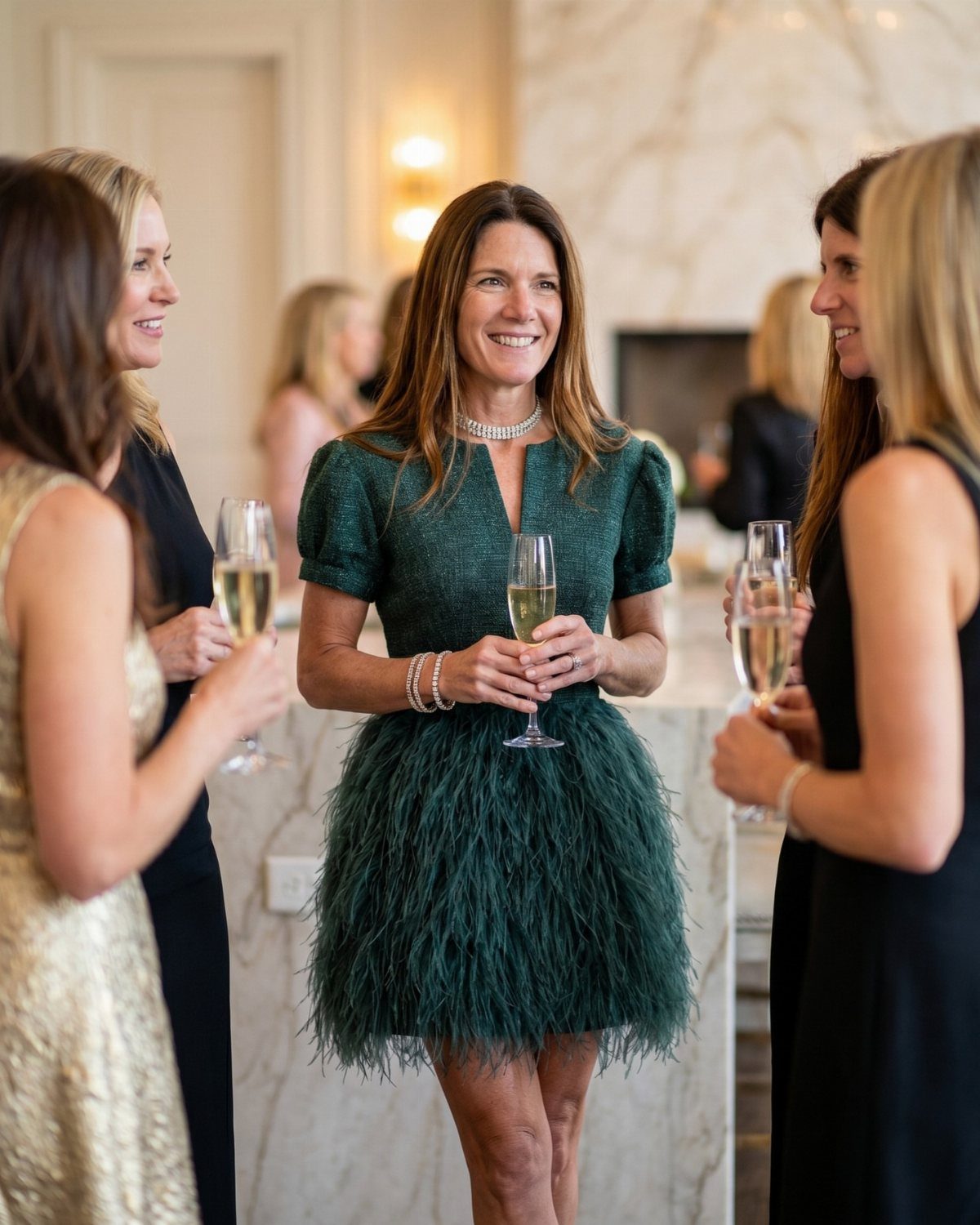 Knee-Length Cocktail Dress Styles: 15 Chic Ideas 7 Woman in a green feathered cocktail dress holding a glass of champagne at a party.