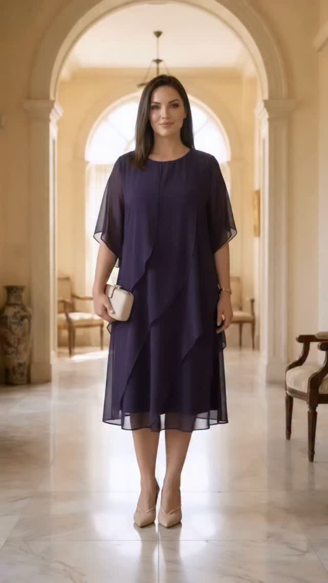 Knee-Length Cocktail Dress Styles: 15 Chic Ideas 11 Woman in a dark purple knee-length cocktail dress with sheer sleeves and beige heels.