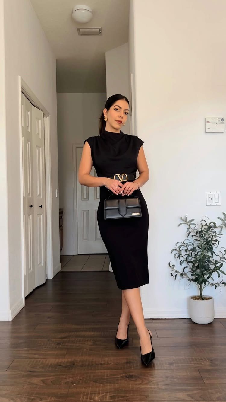 Knee-Length Cocktail Dress Styles: 15 Chic Ideas 10 Woman wearing a black knee-length cocktail dress with a gold belt and high heels.