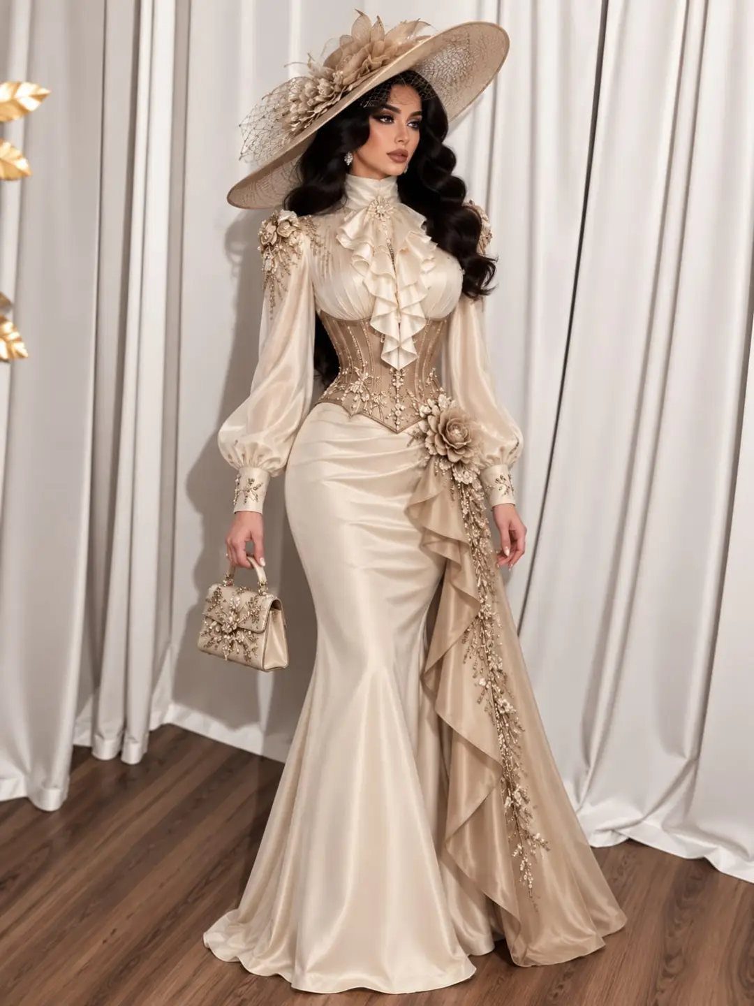 12 Met Gala Dresses That Defined Red Carpet Fashion 6 Woman in a champagne satin couture gown with a wide-brimmed hat and handbag.